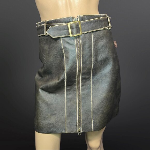 Y2K Brown leather Mini Skirt Size M Belted Zip Front Distressed Lined - Picture 1 of 10